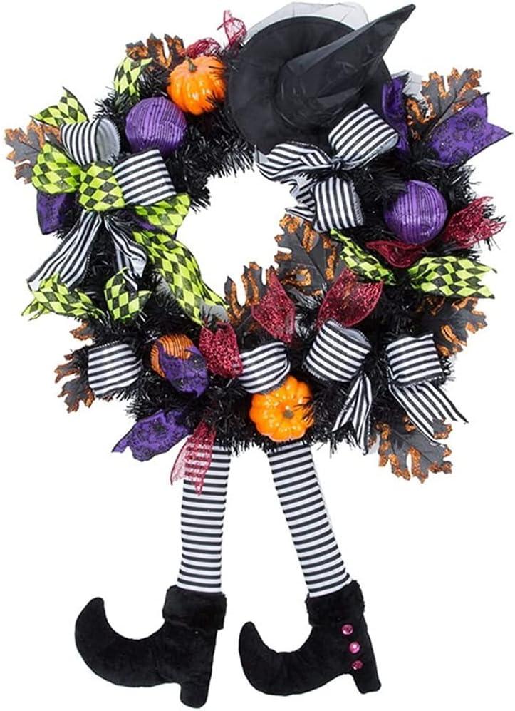 Halloween Wreaths for Front Door,24 Inch Witch Wreath with Hat Witches Legs Pumpkin, for Door,Porch,Window,Indoor and Outdoor Halloween Decoration (Purple)