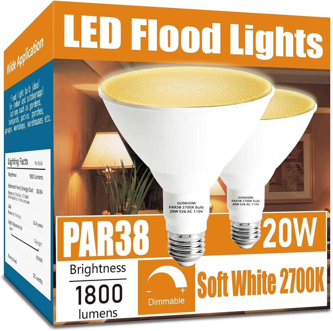 Gonhom Par38 led Flood Lights Outdoor Light Bulb,Dimmable 1800LM,20W Replace up to 200W,Outdoor Flood Light Bulbs for Backyard,Garage,Porch,Garden,2 Pack 2700K Warm Light