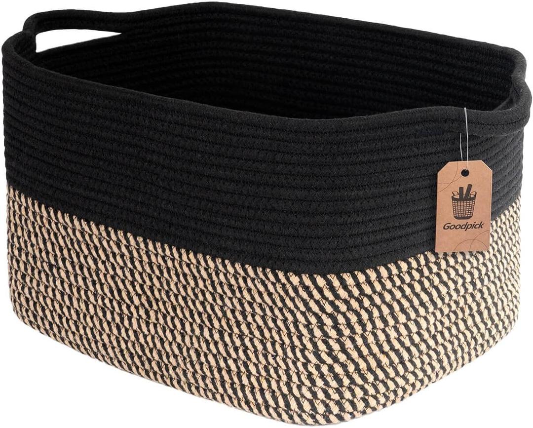 Goodpick Cube Storage Bins - Towel, Book, Cloth, Shoes, Closet Shelf Woven Baskets for Office, Baby Laundry, Toys, 13''x10''x9'' (Black)