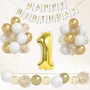 First Birthday Decorations for Boys & Girls, Happy Birthday Banner with 40 Inch Number 1 Balloon, Gold White Confetti Balloons for 1st Birthday Party Supplies Decorations