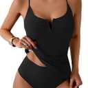B2prity Tankini Swimsuits for Women Tummy Control Ruched Two Piece Bathing Suit V Wire Neck Swim Suit Tie Back Swimwear (Small, Black)