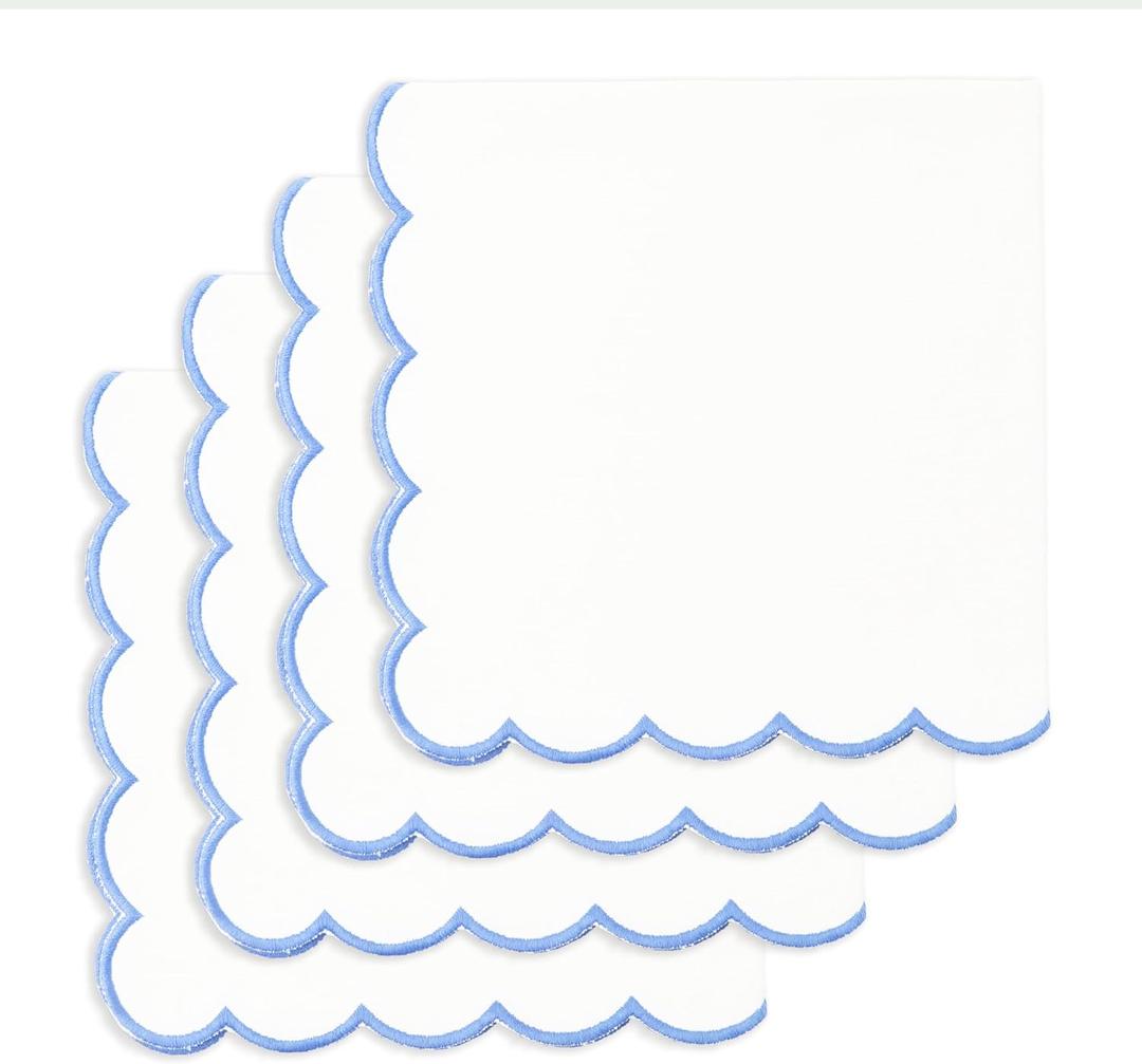 PurpleEssences Scalloped Embroidery Cloth Napkins - Spring Easter Summer - Table Decor - 100% Cotton - Set of 4-18x18 inch - White - Edges - Light Blue