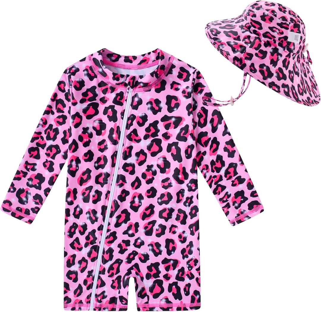 NIFACO Baby Girls Swimsuit 18-24 Months Infant Zipper Bathing Suit UPF 50+ Long Sleeve Rashguard Sunsuit B-Leopard