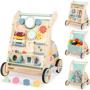 LOL-FUN Wooden Baby Walker with Double-Sided Busy Board, Push Walker for Baby with Adjustable Speed Wheels, Activity Learning Walker for Boys 12 Months