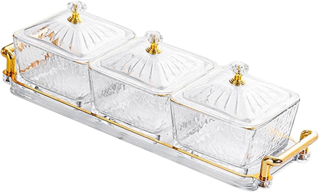 Glass Serving Tray Serving Dishes for Dried Fruits Platters for Wedding, Party Appetizer Tray with 3 Individual Bowls Snack Tray with Lid, transparent