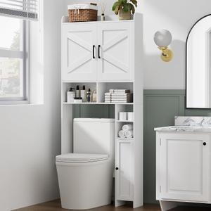 Homhedy Over The Toilet Storage Cabinet with 2 Barn Door and Toilet Paper Holder Stand, FreeStanding Toilet Shelf Space Saver, for Bathroom, Restroom, Laundry, White, 7.8"D x 30.7"W x 65.4"H