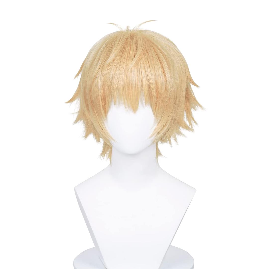 LABEAUT Short Golden Wig for Boy Men Cosplay Unisex Male Anime Yellow Wig with Bangs for Halloween Party Hair Wig + Cap