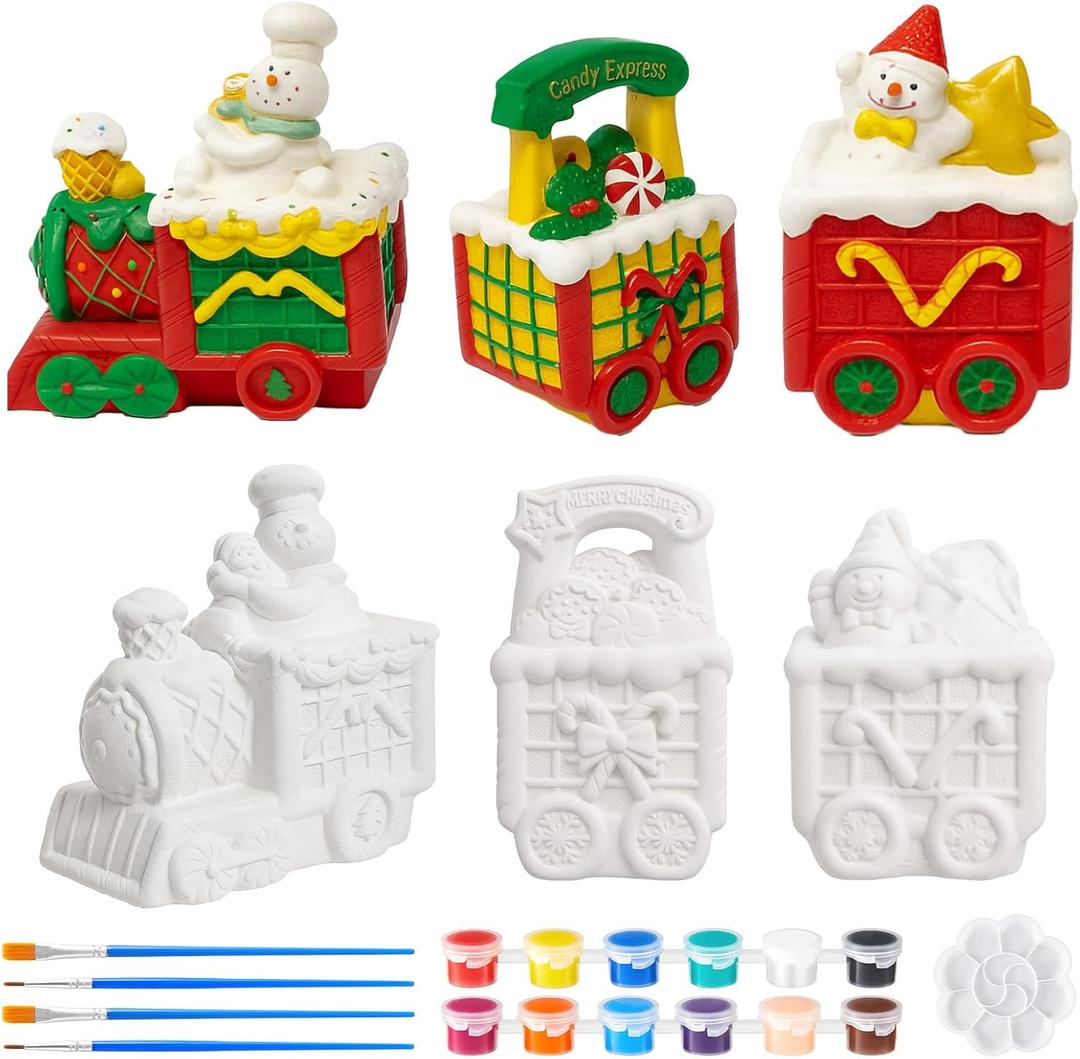 Watersay 6 Set Christmas Ceramics to Paint Express Train Ceramics Xmas Craft with Palette and Brushes Snowman Baker Gingerbread Man Party Favors Table Decoration Gifts