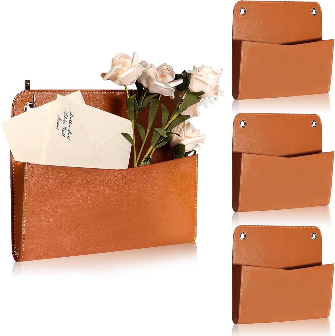 3 Pcs PU Leather Mail Holder Wall Mount Brown PU Leather Letter Holder Vintage Wall File Organizer 2 Ring Binder Hanging File Holder for Decor Storage Letter Postcards Bill Flowers Office Home