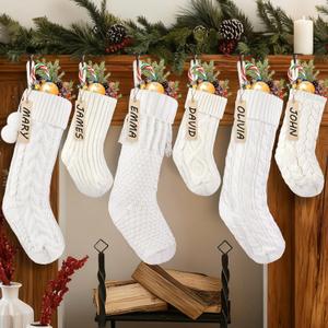 6pcs Knitted Christmas Hanging Stockings Decoration, 18Inches 15inch Cream White Ivory Large Cable Xmas Personalized Knit Stocking with Name Tags for Home Farmhouse Holiday Party Decor