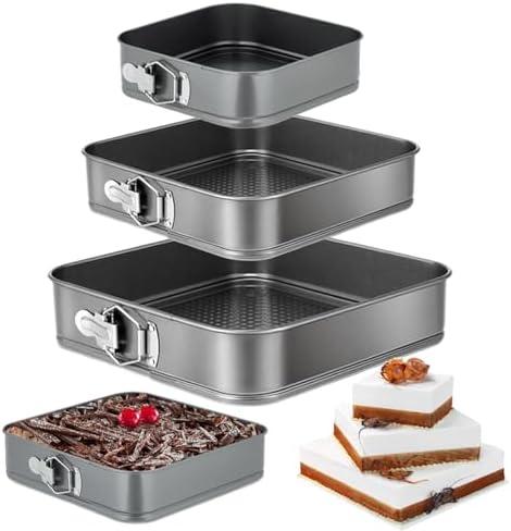 Zubebe Springform Cake Pan Square Non Stick Baking Pan 9.5, 10.2, 11 Inch, Set of 3 Leakproof Square Baking with Removable Bottom Cake Mold for Cheesecake Wedding, 3 Sizes