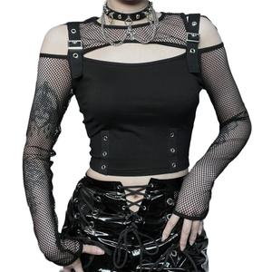 Goth Crop Top for Women Aesthetic Emo Shirts Casual Tops for Women Long Sleeve Punk (Black) Large