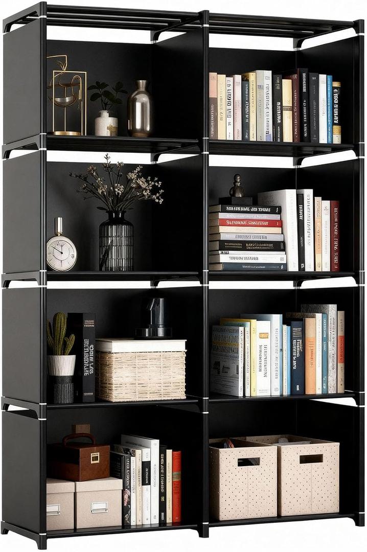 5 Tier Book Shelf, 8 Cube Storage Organizer, Tool-Free Assembly Kids Bookshelf, Bookcase Storage Shelves for Kids Room, Living Room, Office, Bedroom, Study Room, (Black, 5 Tier - 8 Cubes)
