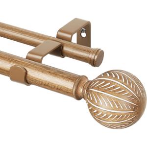 KAMANINA 1 Inch Wood Double Curtain Rods for Windows 66 to 120 Inches (5.5-10 Feet), Heavy Duty Decorative Curtain Rods, Wooden Drapery Rods with Leaf Pattern Finials, Wood Grain