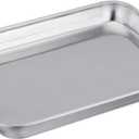 TeamFar Pure Stainless Steel Toaster Oven Pan Tray Ovenware, 7''x9.3''x1'', Heavy Duty & Healthy, Mirror Finish & Easy clean, Deep Edge, Dishwasher Safe (18/0 Steel)