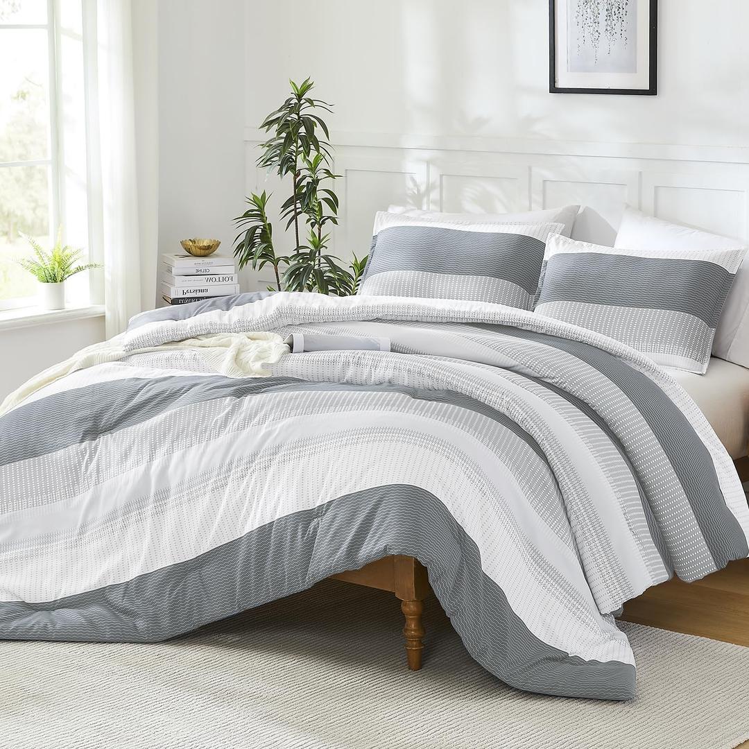 Litanika Comforter Full Size Bed Set Light Grey - 3 Pieces Lightweight Gray White Colorblock Stripe Fluffy Bedding Comforter Sets, All Season Bed Set