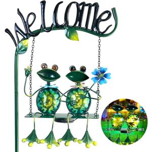 Solar Lights Outdoor Waterproof, Frog Swing Garden Decor, Frog Decorative Stake with Welcome Sign Landscape Patio Yard Gifts for Women Mom (48 inch)