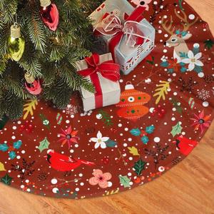 Red Vintage Christmas Tree Skirt, 30 inches Retro Christmas Animal Deer Balls Tree Skirts Santa Northern Cardinal Xmas Mat Farmhouse Holiday Party New Year Supplies Ornaments Decorations