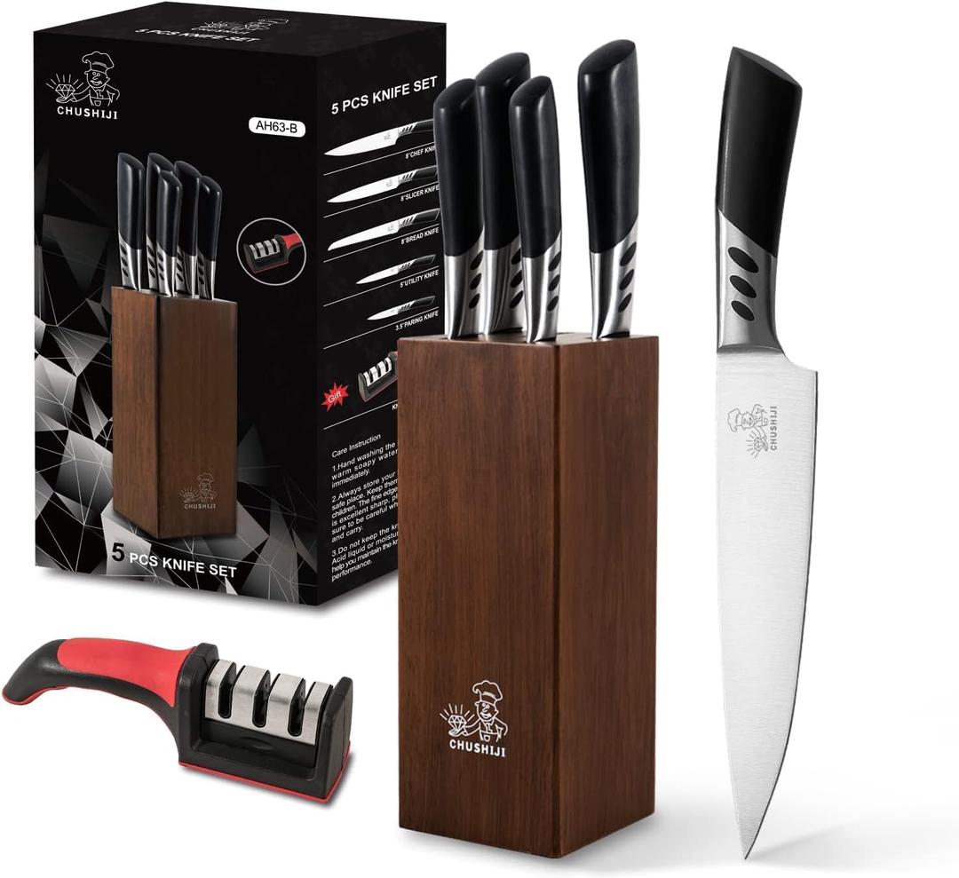 Knife Block Set, 7 Piece Cooking Knife Set, Premium Kitchen Knife Set with Knife Block and Sharpener, Hardwood Brown Knife SetNew Apartment Gift