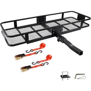 Folding Hitch Mount Cargo Carrier Basket 60x20x6 Rear Luggage Rack Basket,500LBS Capacity, Hitch Mount for 2" Receivers, Powder Coating, Heavy Duty, Durable, Easy Assembly, Straps Stabilizer