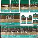 10 Pcs Farmhouse Kitchen Decor Sets, 4 Green Kitchen Dish Towels 2 Teal Pot Holders 2 Oven Mitts Glove Brown Rustic Non Slip Rugs and Mats for Floor Home Decorations Accessories Mom Gifts