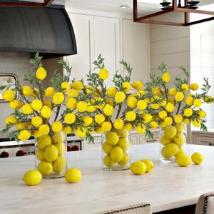 Giegxin 50 Pcs Summer Lemon Decor, Fake Lemons Branch Decorations Faux Fruit Branch 5 Head Faux Lime with Stem Decorations for Home Kitchen Party Table Centerpiece Daily Decoration (19 Inch)
