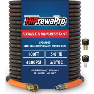 3/8" ID Pressure Washer Hose 100 ft, 4800 PSI Steel-Braided & Durable - Flexible & Kink-Resistant, Power Washer Hose with Swivel Quick Connect & M22-14mm Adapter, Hot/Cold Water Compatible
