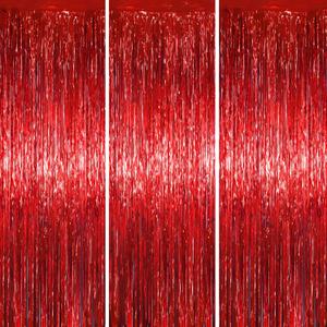 3.3 x 6.6 ft Foil Fringe Backdrop Curtains, Tinsel Streamers Party Decorations, Fringe Backdrop for Birthday, Baby Shower, Gender Reveal, Graduation (3, Red)