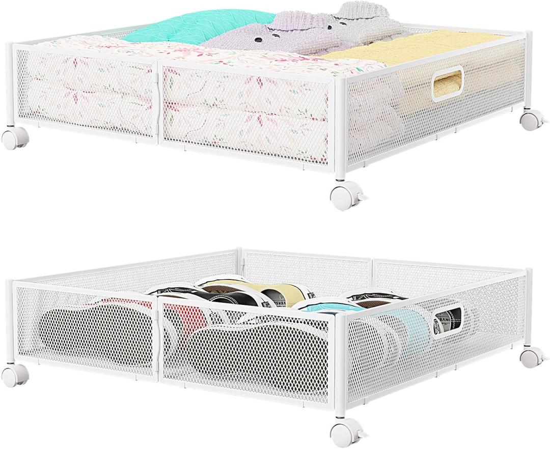 Under Bed Storage Containers with Wheels - Shoe Storage Organizer Drawer, Tool-free Assembly Metal Underbed Storage Containers for Bedroom Clothes, Shoes, Blankets - 2Pack (2 Pack(23.623.6"), White)