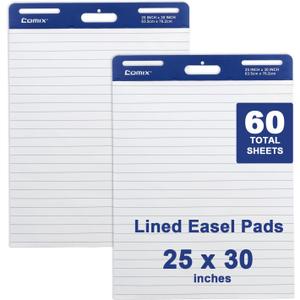 Comix Lined Sticky Easel Pad, 25 x 30 Inches Flip Chart Paper for Teachers, Large Self Stick Easel Paper, 30 Sheets/Pad, 2 Pads/Pack
