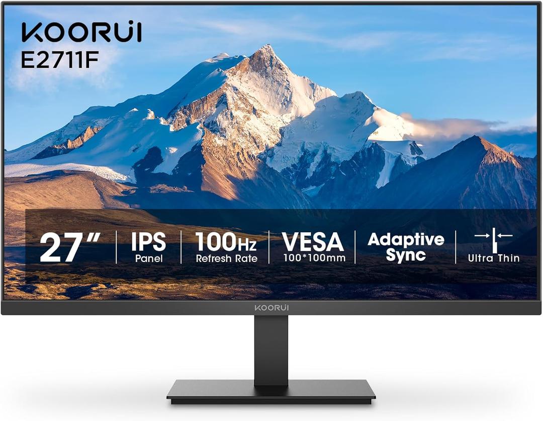 KOORUI 27 Inch Monitor, Full HD 1080P 100Hz Computer Monitor, IPS Display, HDMI, VGA, 4ms Response Time, 100 x 100 mm VESA Mountable, Frameless, Ergonomic Tilt, Black (27"/100Hz/IPS)