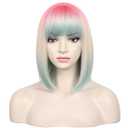 WildCos Short Bob Wig With Bangs 14 Inches Synthetic Cosplay Wig for Women (Pink - Blonde - Blue)