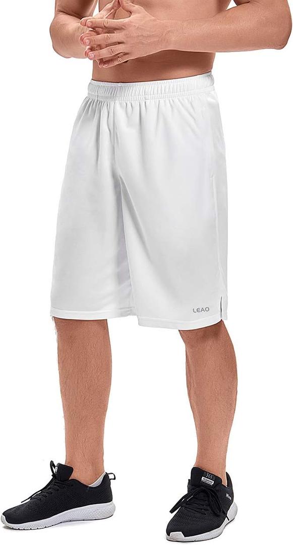 LEAO Men's Basketball Shorts with Zipper Pockets Quick Dry Loose-fit Sports Workout Running Shorts (XX-Large, White-mesh Fabric)