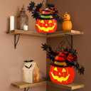 BlcTec Halloween Pumpkin Lights, 10 inch Lighted Big Jack-O-Lantern with Maple Leaves, Berries, Twigs, Witch's Hat, Battery-Operated Premium Wood Pumpkin with Timer for Halloween Decorations, Style B