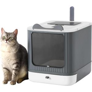 Foldable Cat Litter Box, Fully Enclosed Litter Box with Lid, Covered Kitty Kitten Litter Boxes Enclosure with Scoop, Odor Control, Easy to Clean, 3 Modes for Cat up to 12 lbs(White&Grey)