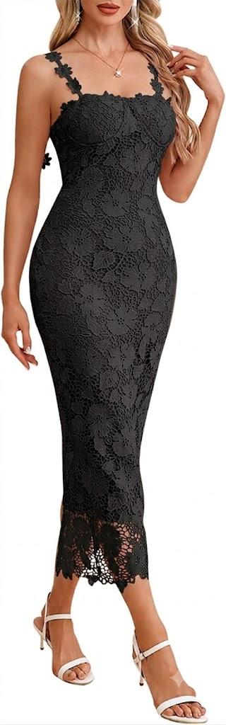 dasmzper Women Sexy Lace Patchwork Sleeveless Floral Bodycon Wedding Cocktail Maxi Dress Black medium