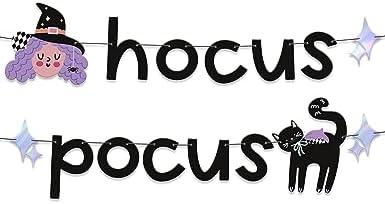 HOUSE OF PARTY Hocus Pocus Banner - Hocus Pocus Birthday Party Decorations - Witch Cat Party Decorations - Hocus Pocus Wall Decor - Halloween Party Decoration Supplies, Pack Of 4