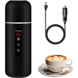 Electric Travel Kettle,12V/24V Car Coffee Warmer Kettle,Portable Hot Water Boiler,Small Hot Water Heater with Built-in Magnetic Induction Stirring (Black)