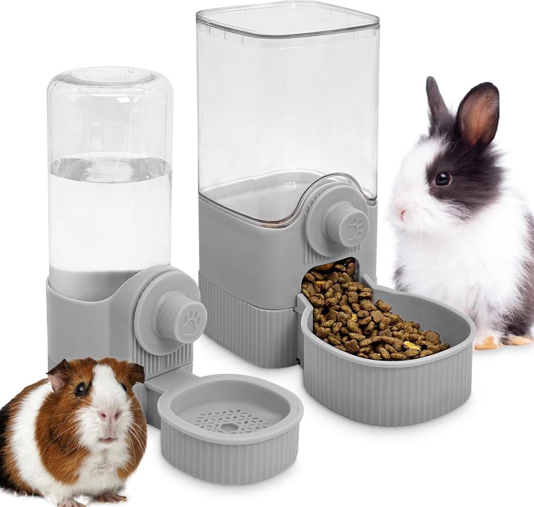 Fhiny Rabbit Food & Water Dispenser, Large Capacity Gravity Guinea Pig Feeder and Waterer Set Hanging Automatic Bunny Feeder for Cage for Bunny Guinea Pig Chinchilla Ferret Cat Puppy (Grey)