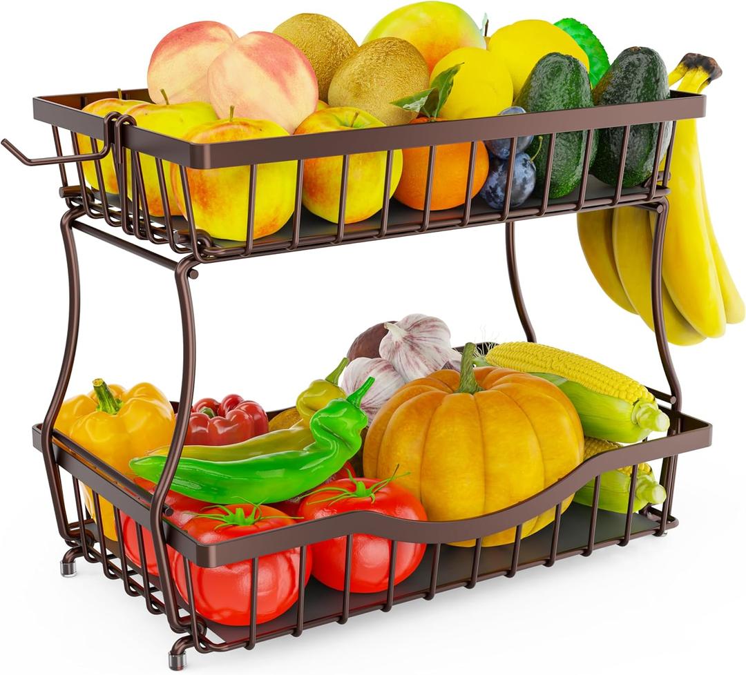 Large 2-Tier Fruit Basket for Kitchen Counter with 2 Banana Hangers Metal Fruit Bowl for Onion, Vegetable, Snacks, Breads Storage Countertop Organizer Bronze