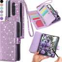 Varikke Compatible with Samsung Galaxy Z Fold 6 Wallet Case, [RFID Blocking] Card Holder, Glitter PU Leather Flip Phone Case with S Pen Holder Slot & Wrist Strap for Women Men, Light Purple