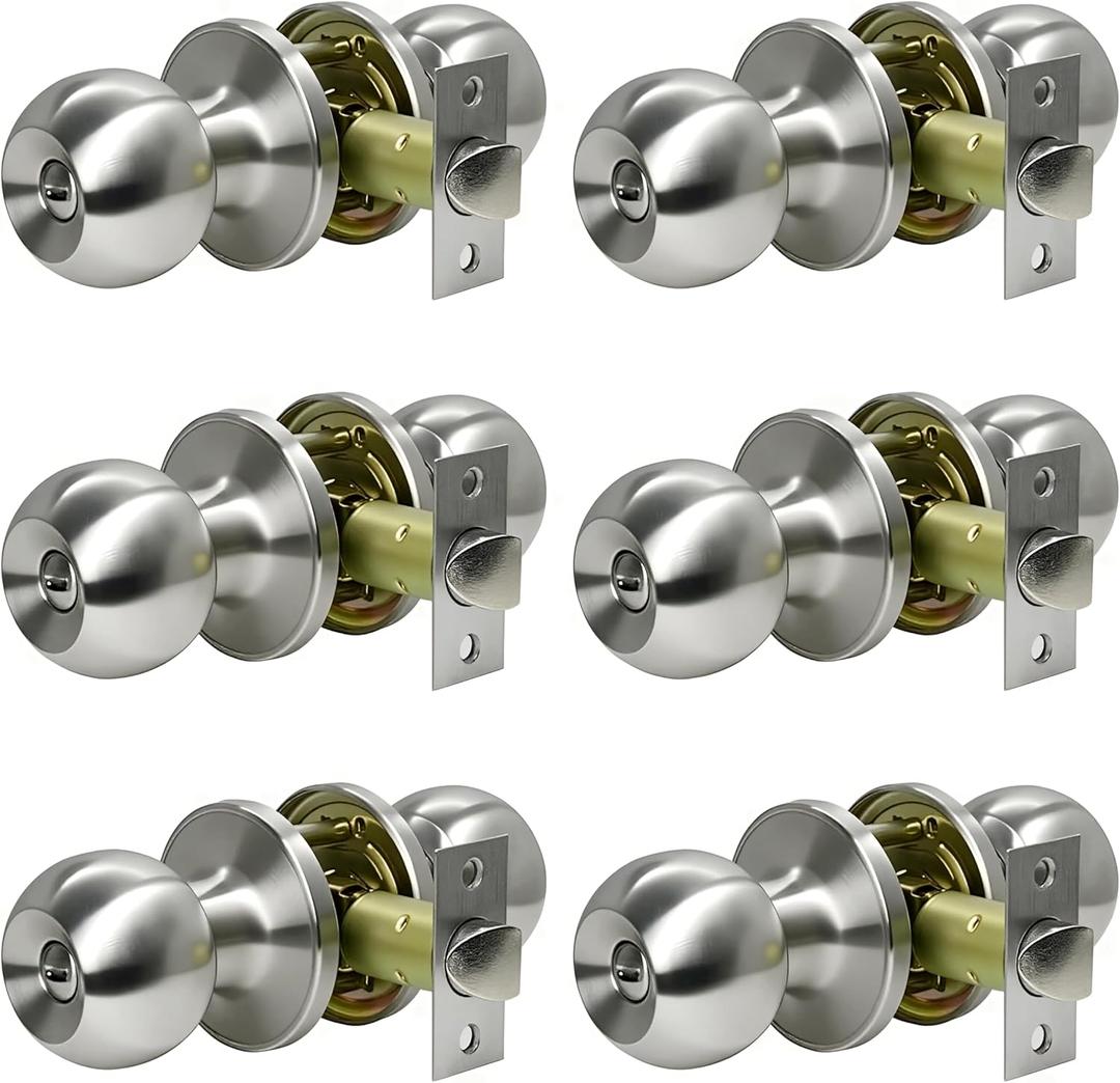 SUNTAI 6 Pack Privacy Door Knobs, Satin Nickel Round Doorknobs Interior/Exterior Lockset, Keyless Door Handle with Lock for Bedrooms/Bathrooms