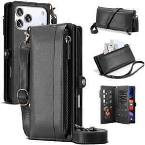 Compatible with iPhone 17 PRO MAX Wallet Case,RFID Blocking PU Leather Phone Case Women Men Kickstand flip Cover Wrist Strap Zipper Credit Card Holder Slots for Apple 17 PRO MAX,Black