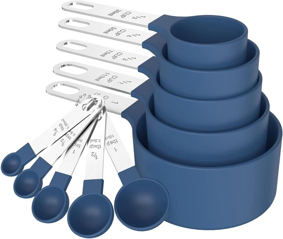 10 PCS Measuring Cups & Spoons Set, Stackable Cups and Spoons, Nesting Measure Cups with Stainless Steel Handle, Kitchen Gadgets for Cooking & Baking (Blue)