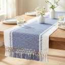 PurpleEssences Table Runner - Wide with Dobby Stripe, Heavy Ribbed Weave & Double Knot Fringes, 14x72 Inch (14x77.5 with Fringes) Farmhouse Decor Spring Easter Summer - French Blue and H.White