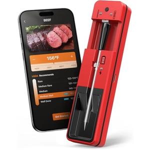 Wireless Meat Thermometer 6 Sensors Accuracy Digital Food Thermometer 0.5S Instant Read, IP67 Waterproof for BBQ, Grill, Smoker, Oven, Air Fryer,Red