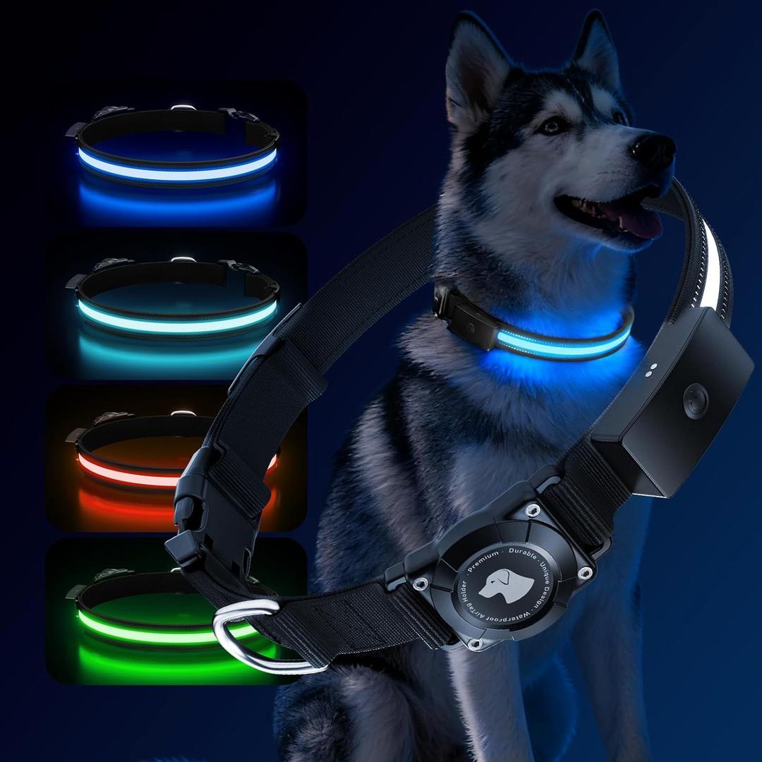 LED AirTag Dog Collar - Brightest Light Up Dog Collars - IP68 Waterproof Air Tag Dog Collar Holder - 1,600 Feet of High Visibility - Magnetic Charging - Dog Lights for Night Walking, Black L