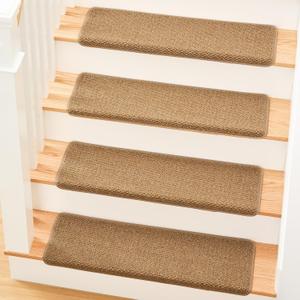 MBIGM Bullnose Non-Slip Stair Treads w/Reusable Adhesive 14 Pack 9.5" x 30" Wooden Steps Protection - TPU Backing with Steel Reinforcement - Anti-Slip Solution Knitted Camel Non Slip Stair Tread
