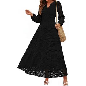 PRETTYGARDEN Women's Long Sleeve Maxi Dress V Neck Hollow Out Eyelet A Line Long Flowy 2026 Spring Wedding Guest Dresses (Black, Small)