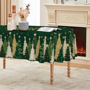 Horaldaily Christmas Tablecloth 6084 Inch Oval, Winter Stars Trees Green Washable Seasonal Table Cover for Party Picnic Dinner Decor